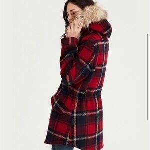 American Eagle Outfitters Red Plaid Hooded Coat with Faux Fur Trim